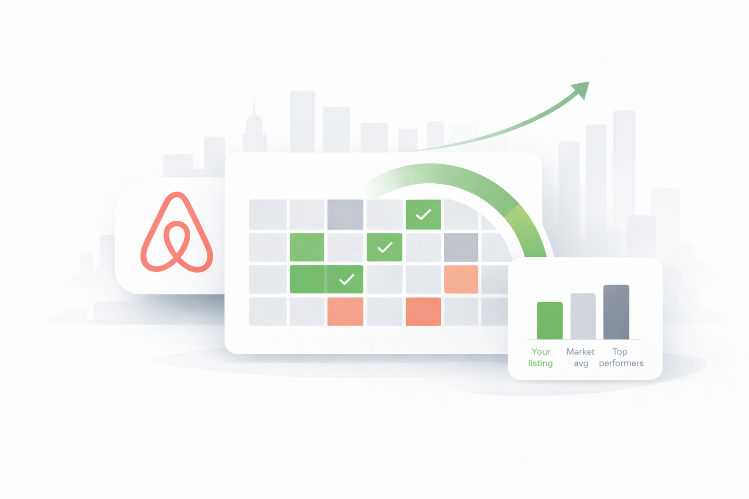 Airbnb occupancy rate guide illustration showing a booking calendar with booked and open nights, an upward trend arrow, and a bar chart comparing listing performance to market averages.