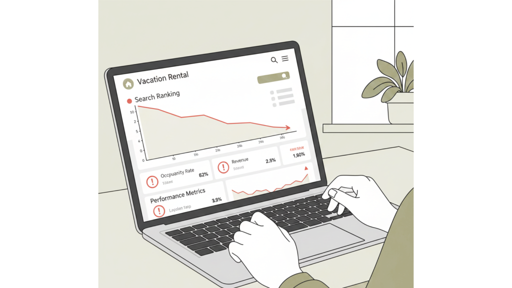 Vacation rental host looking at declining listing performance metrics on a booking platform dashboard