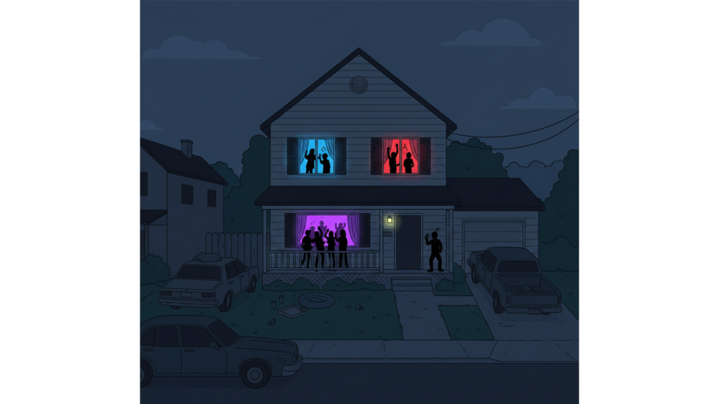 Short-term rental home at night with signs of a noisy party and multiple guests arriving