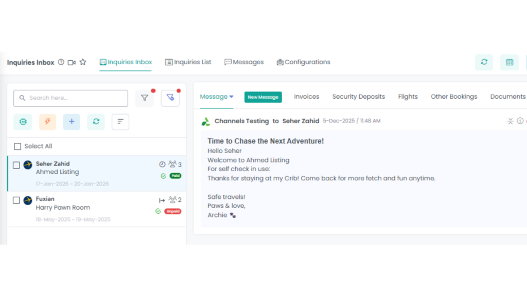 AdvanceCM inquiries inbox screen showing Expedia guest messaging with booking details and guest conversation in one place
