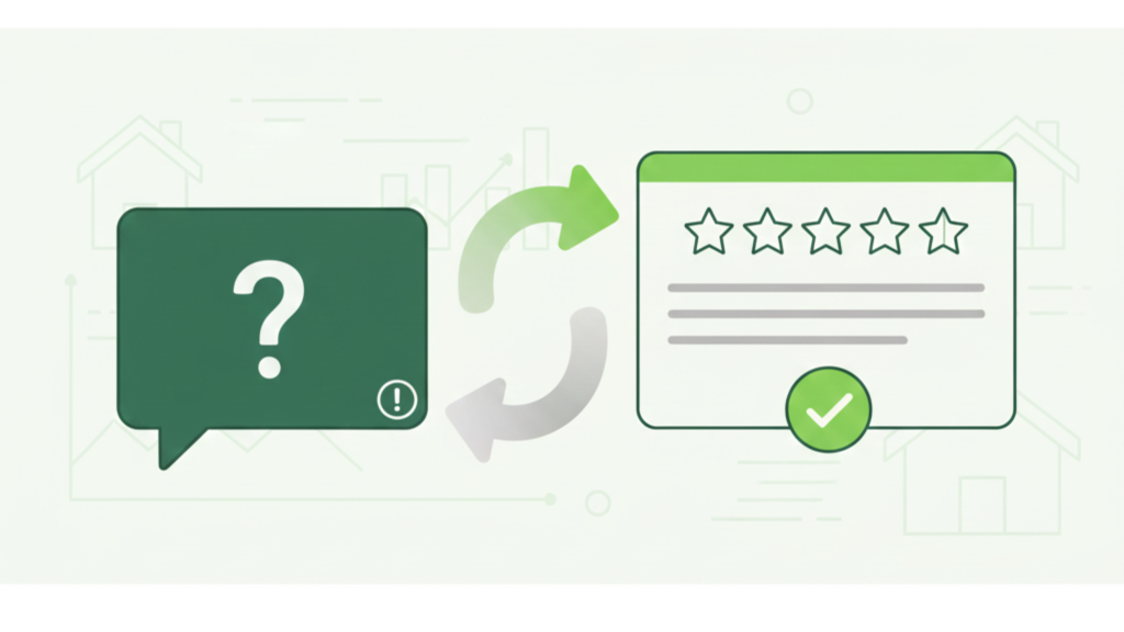 “Comparison between a private feedback message and a proper public review card on a booking platform.”