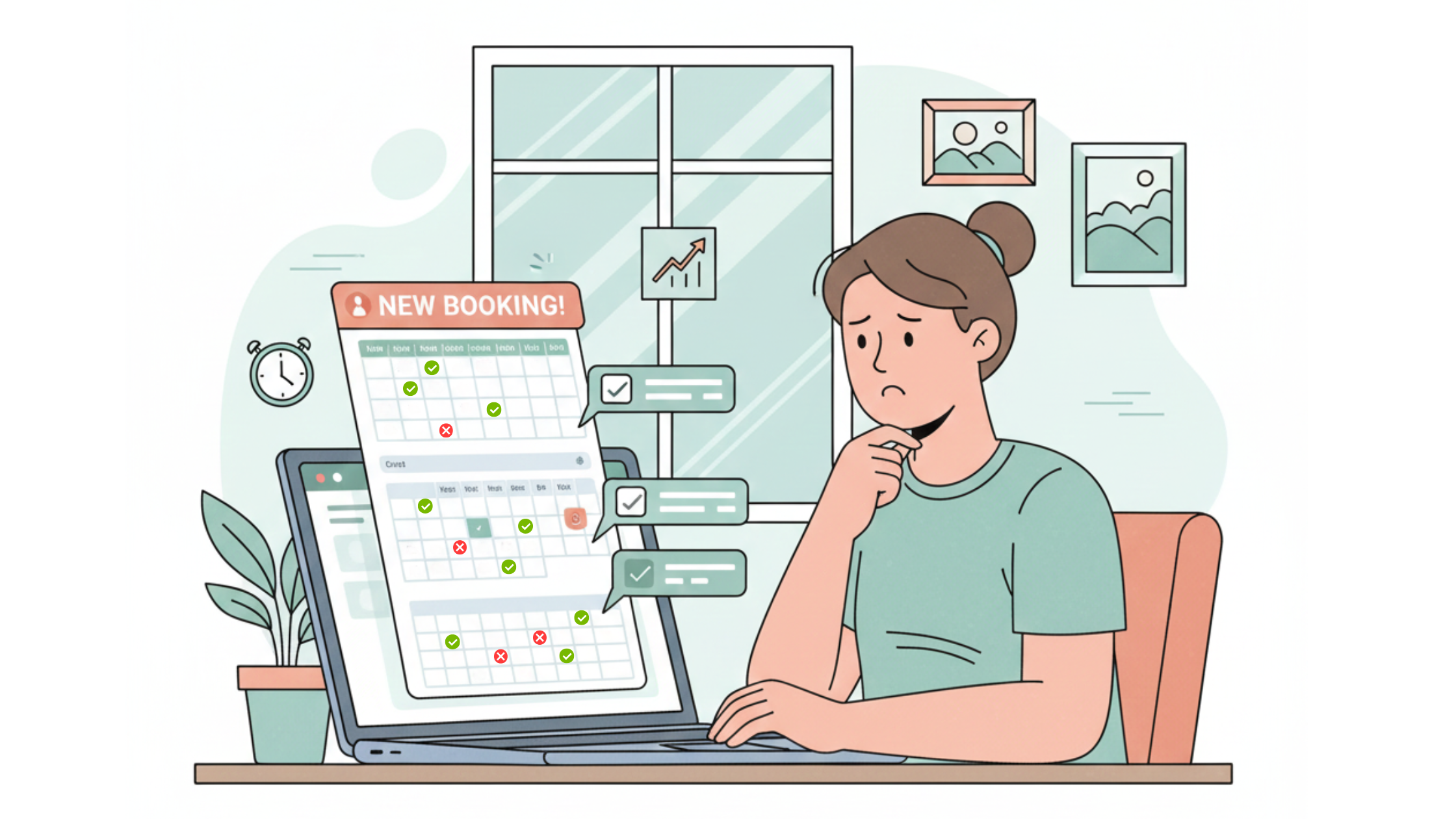 Host reviewing airbnb hosting challenges on a laptop with booking calendar and messages on screen