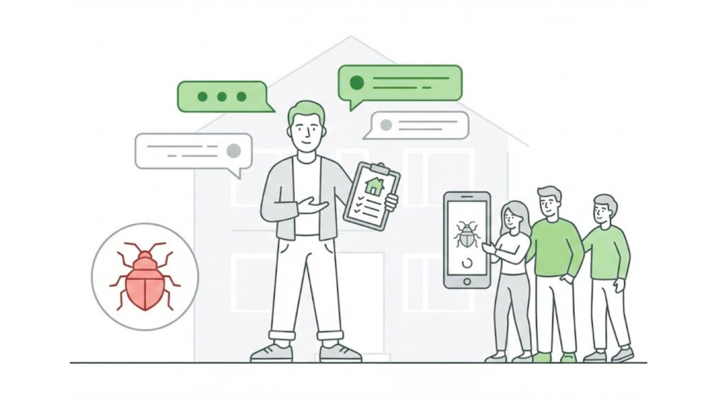 Calm vacation rental host standing between guests and a small bed bug icon, using an app to manage a bed bug scam claim.