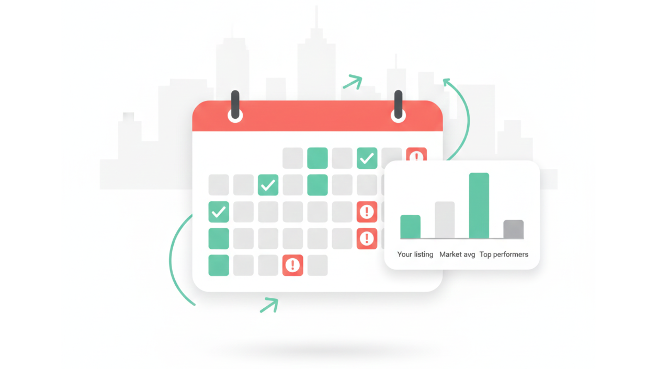 Illustration of a booking calendar and performance chart showing how Airbnb cancellation policy for hosts impacts confirmed stays, risky dates, and overall listing performance.