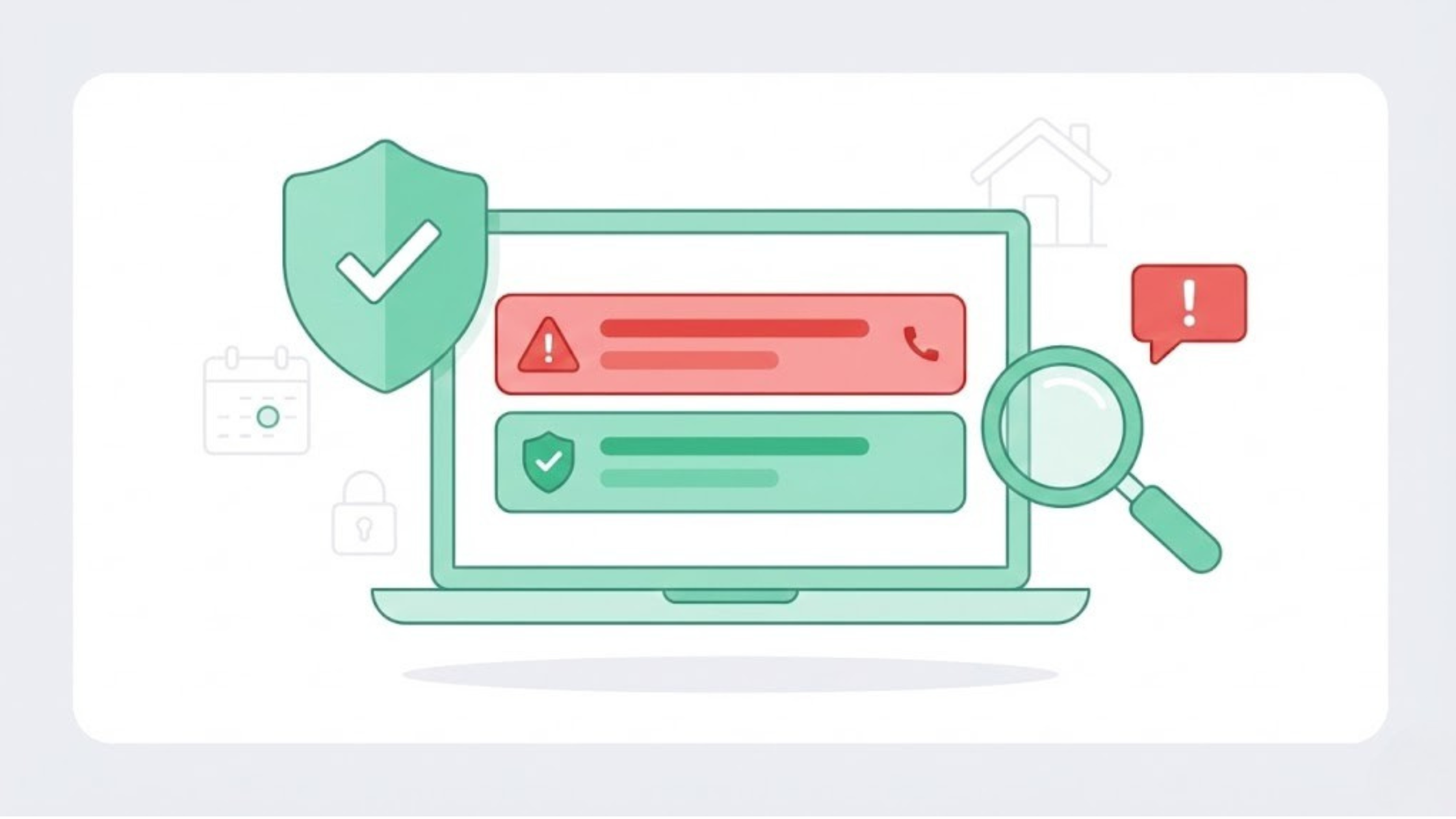 Vrbo host safety illustration with a vacation rental host reviewing scam red flag messages on a booking dashboard