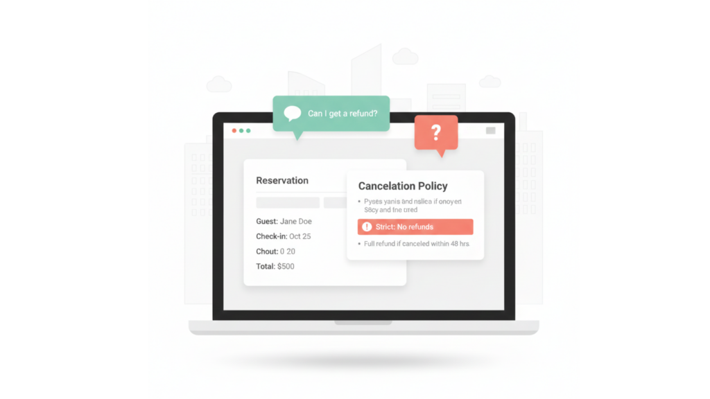 Host dashboard showing a booking and cancellation policy highlights to illustrate why Airbnb cancellation policy for hosts feels risky when guests ask for refunds.