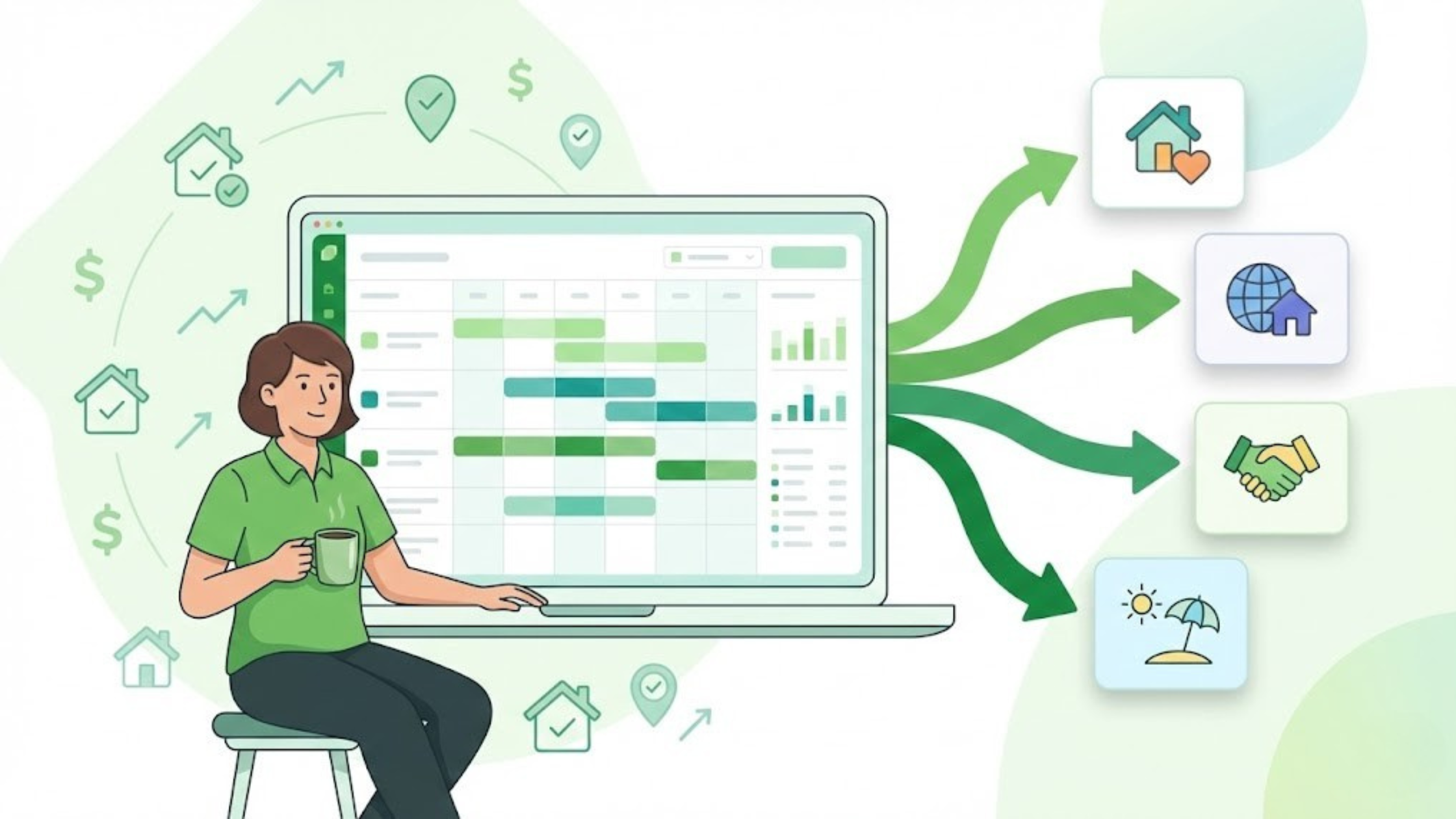 Illustration of a property manager using a multi-channel dashboard to manage bookings across the best short term rental platforms in 2026.