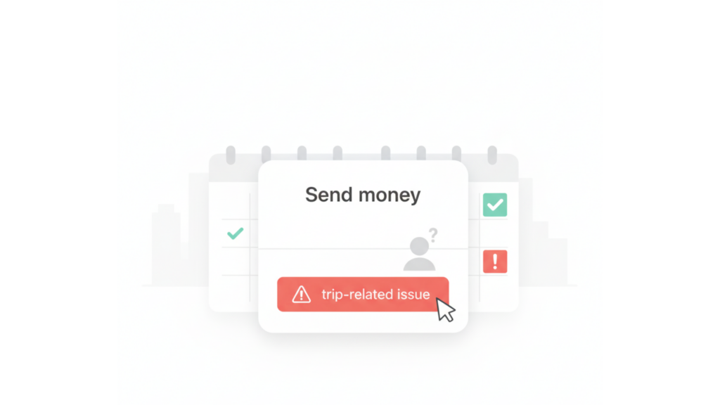 Send money dialog with trip-related issue warning highlighting how the Airbnb cancellation policy for hosts can make goodwill refunds look like host fault.
