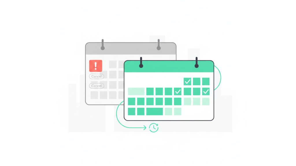 Two overlapping calendars connected by an arrow, illustrating how a date change can reset the cancellation clock under Airbnb cancellation policy for hosts.