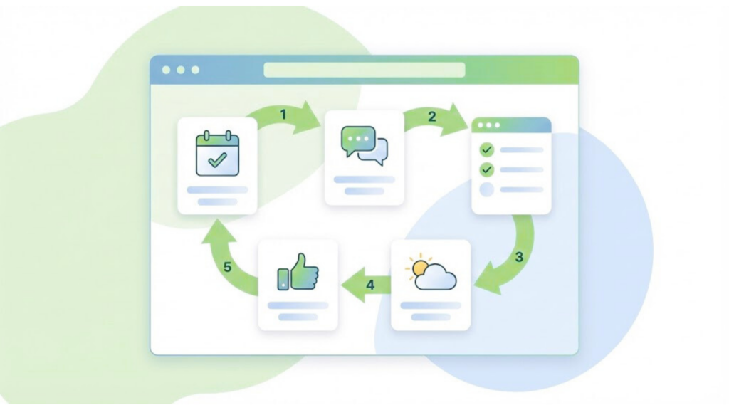 SaaS-style dashboard illustration showing a five-step workflow for an early checkout refund policy.