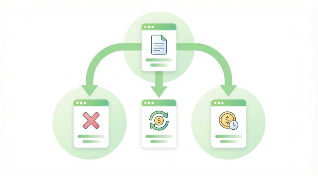 Decision tree diagram showing options like no refund, rebook-to-refund, and future credit in an early checkout refund policy.