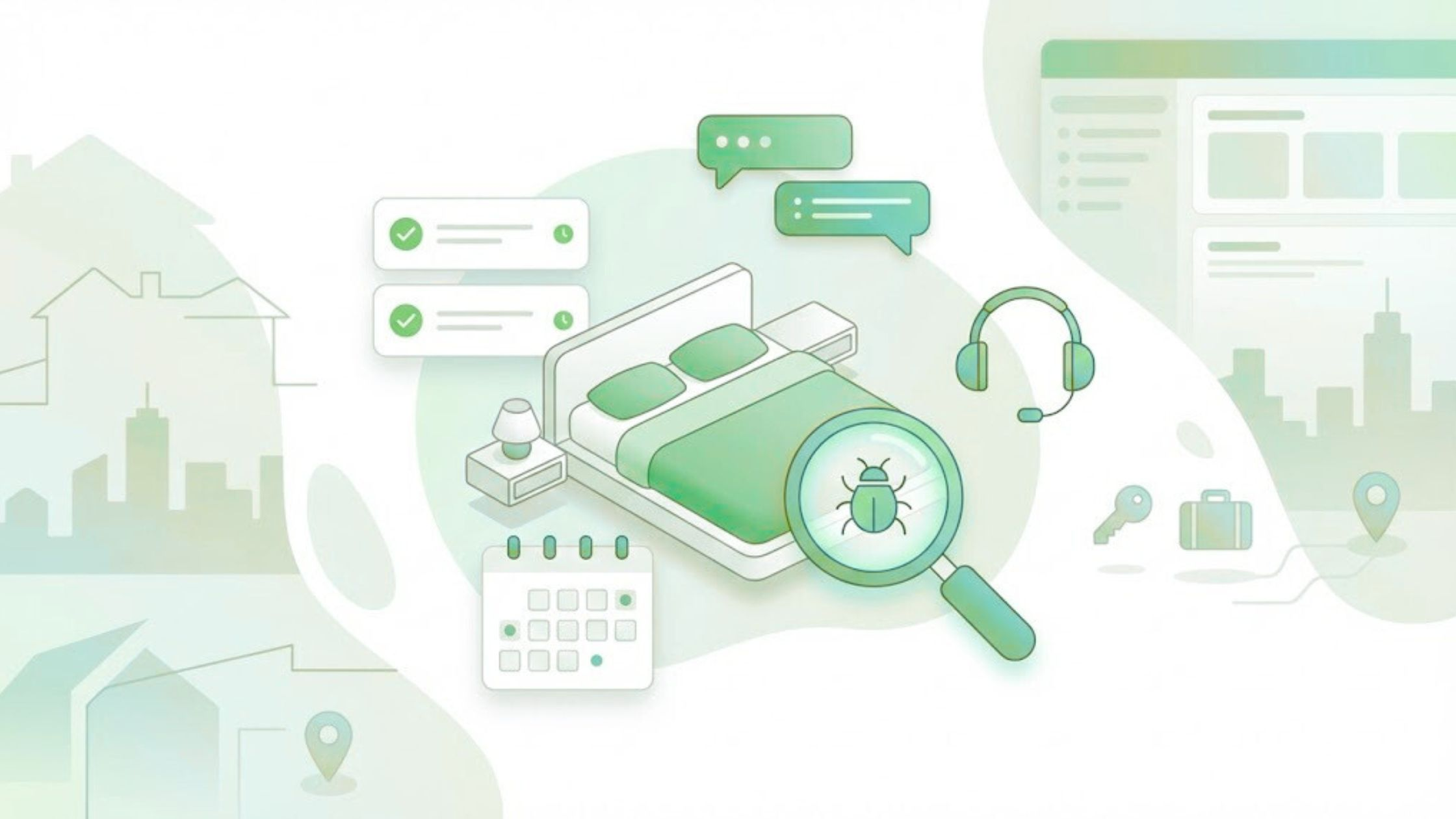 Flat illustration banner showing a short term rental bedroom with a magnifying glass over a bed bug icon, calendar, chat bubbles and travel icons, representing how hosts detect and manage the bed bug scam in short term rentals.