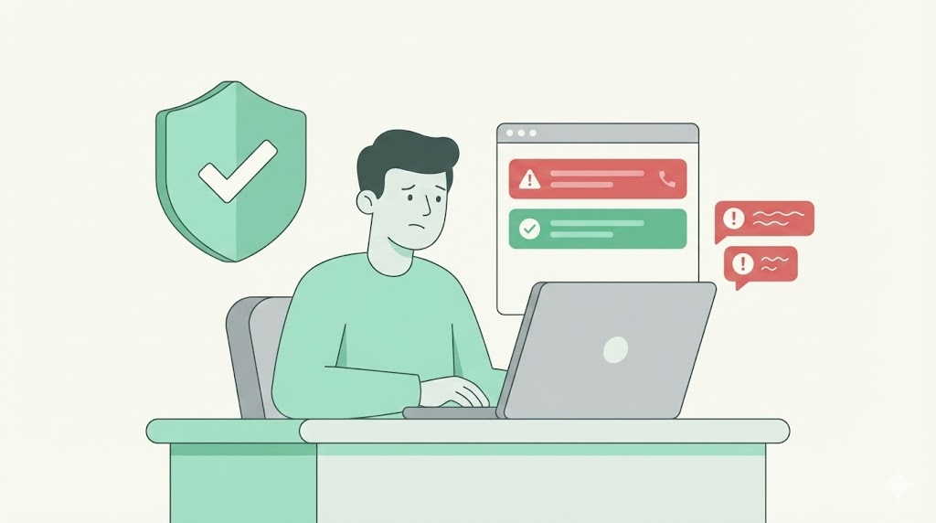 Vrbo host safety scene of a new host at a laptop reviewing a suspicious guest inquiry with warning icons