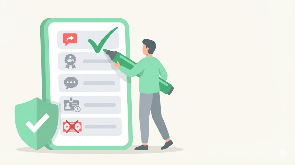 Vacation rental host reviewing a checklist of five Vrbo scam red flags on a whiteboard