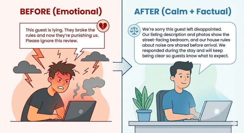 Illustration comparing before (emotional) and after (calm, factual) host responses to unfair guest reviews while working on a laptop.