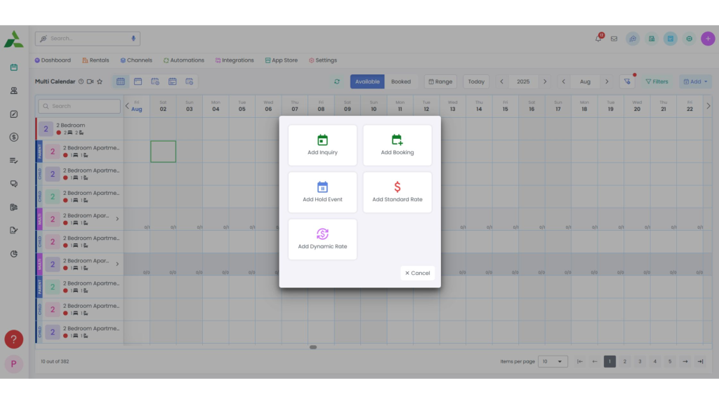 AdvanceCM calendar quick action menu showing add inquiry, add booking, add hold event, add standard rate, and add dynamic rate.