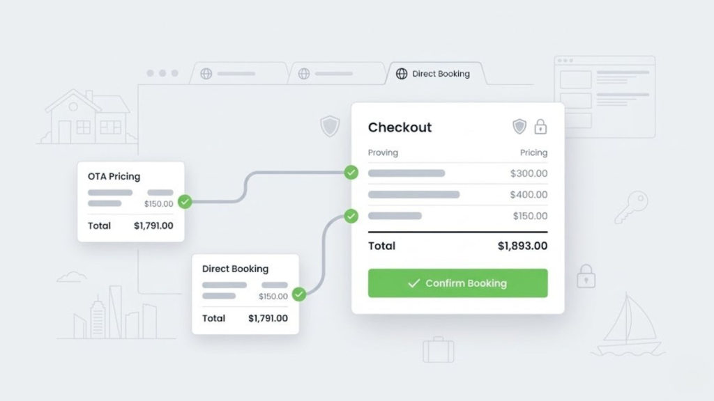 Direct booking checkout illustration showing aligned pricing and a consistent total across vacation rental booking channels
