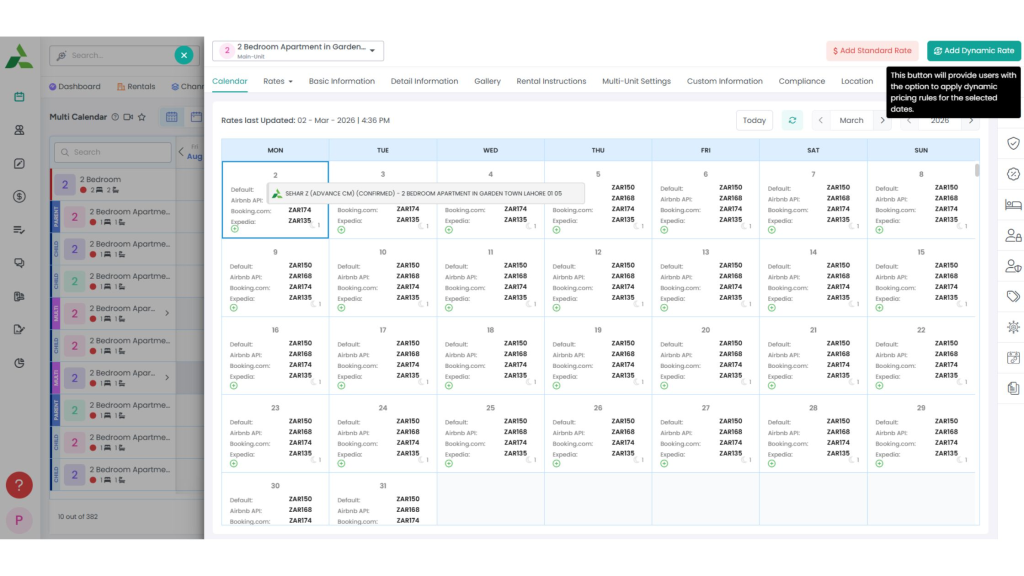 AdvanceCM multi-calendar view showing nightly rates across channels and a Dynamic Rate button tooltip.