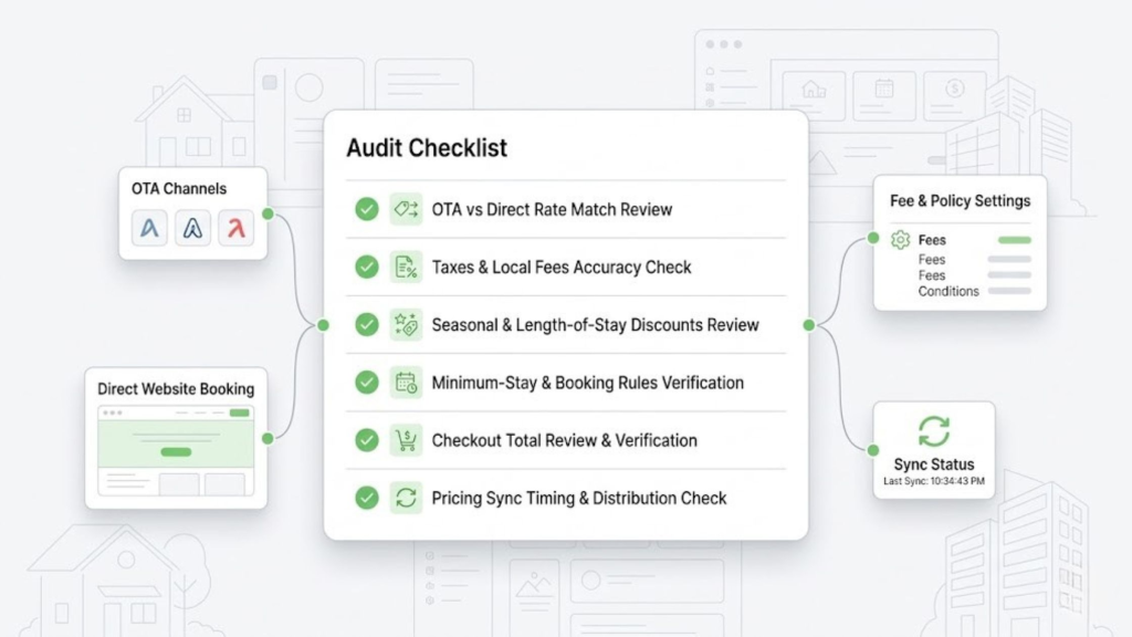 Vacation rental pricing audit checklist for checking OTA rates, direct booking totals, fees, discounts, booking rules, and sync timing