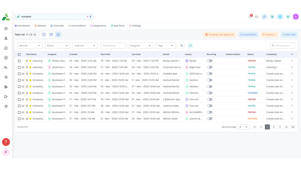 AdvanceCM task management dashboard showing task list, assignees, due dates, and autopilot search.
