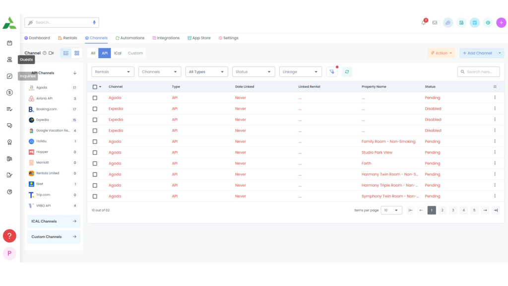 AdvanceCM channel manager dashboard showing centralized pricing and channel updates for vacation rental listings