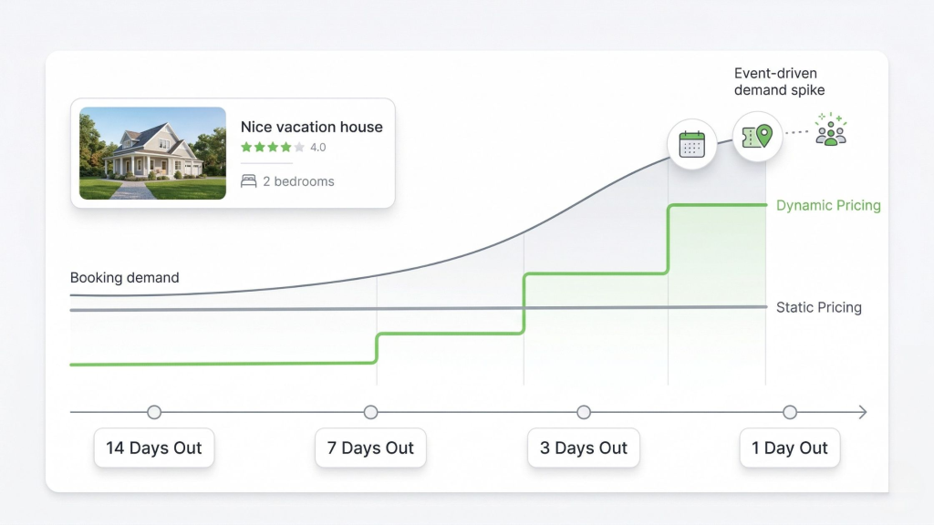 Timeline showing how vacation rental dynamic pricing adjusts during event week while static pricing stays flat.
