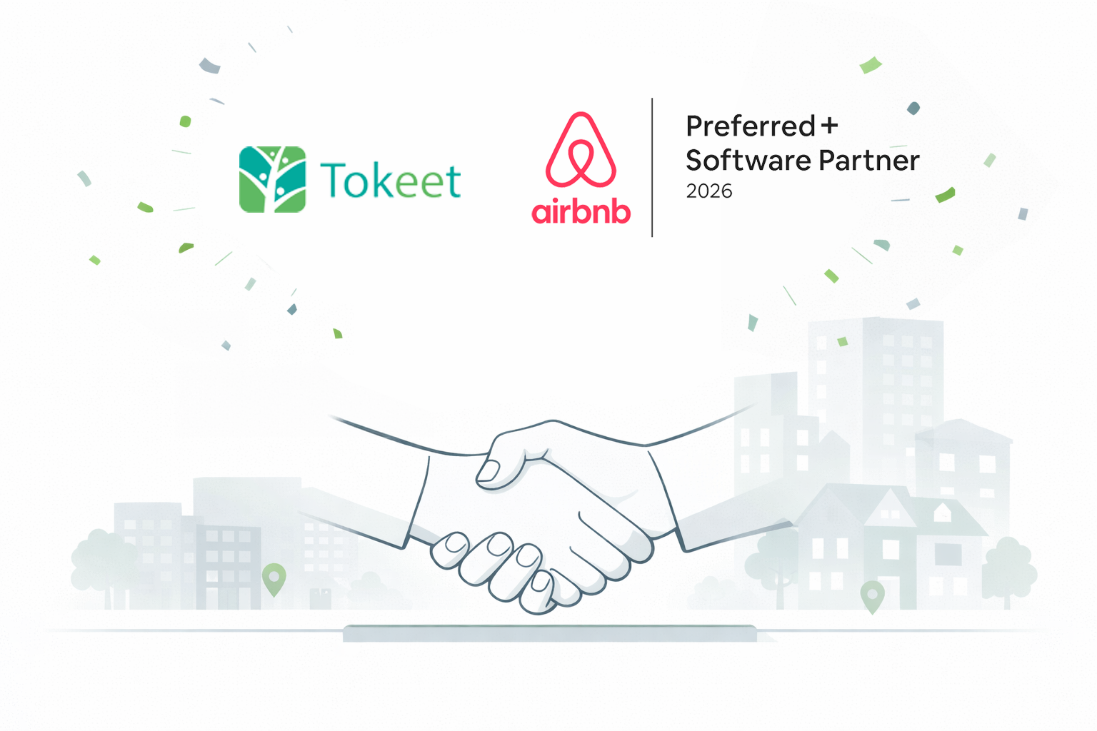 Airbnb Preferred Plus software partner badge showing Tokeet and Airbnb logos with “Preferred+ Software Partner 2026” above a handshake illustration.
