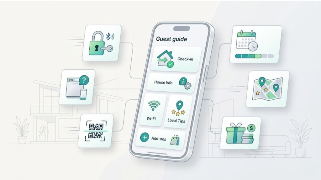 Digital guest guidebook on a mobile phone showing check-in info, Wi-Fi details, local recommendations, and guest add-ons for a vacation rental