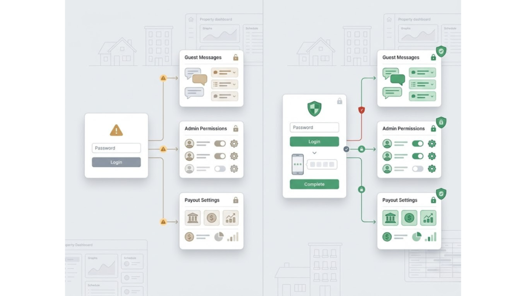 Multi factor authentication before-and-after illustration showing password-only login risk versus protected access to guest messages, admin permissions, and payout settings.
