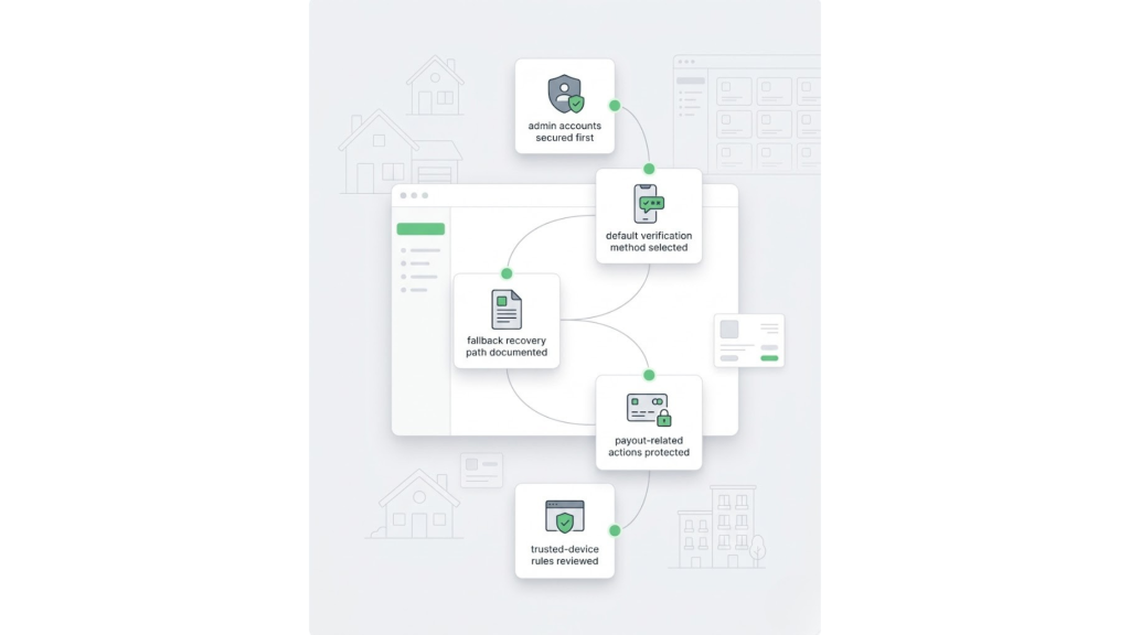 Multi factor authentication rollout workflow showing admin accounts secured first, default verification selected, fallback recovery documented, payout-related actions protected, and trusted-device rules reviewed.