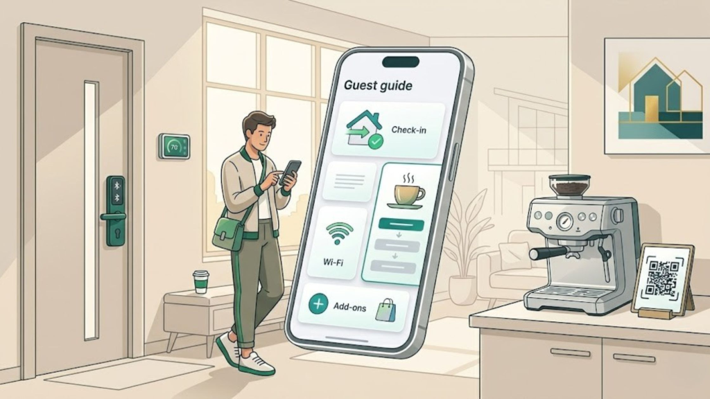 Guest using a digital guest guidebook on a phone near a coffee machine with QR code help inside a vacation rental