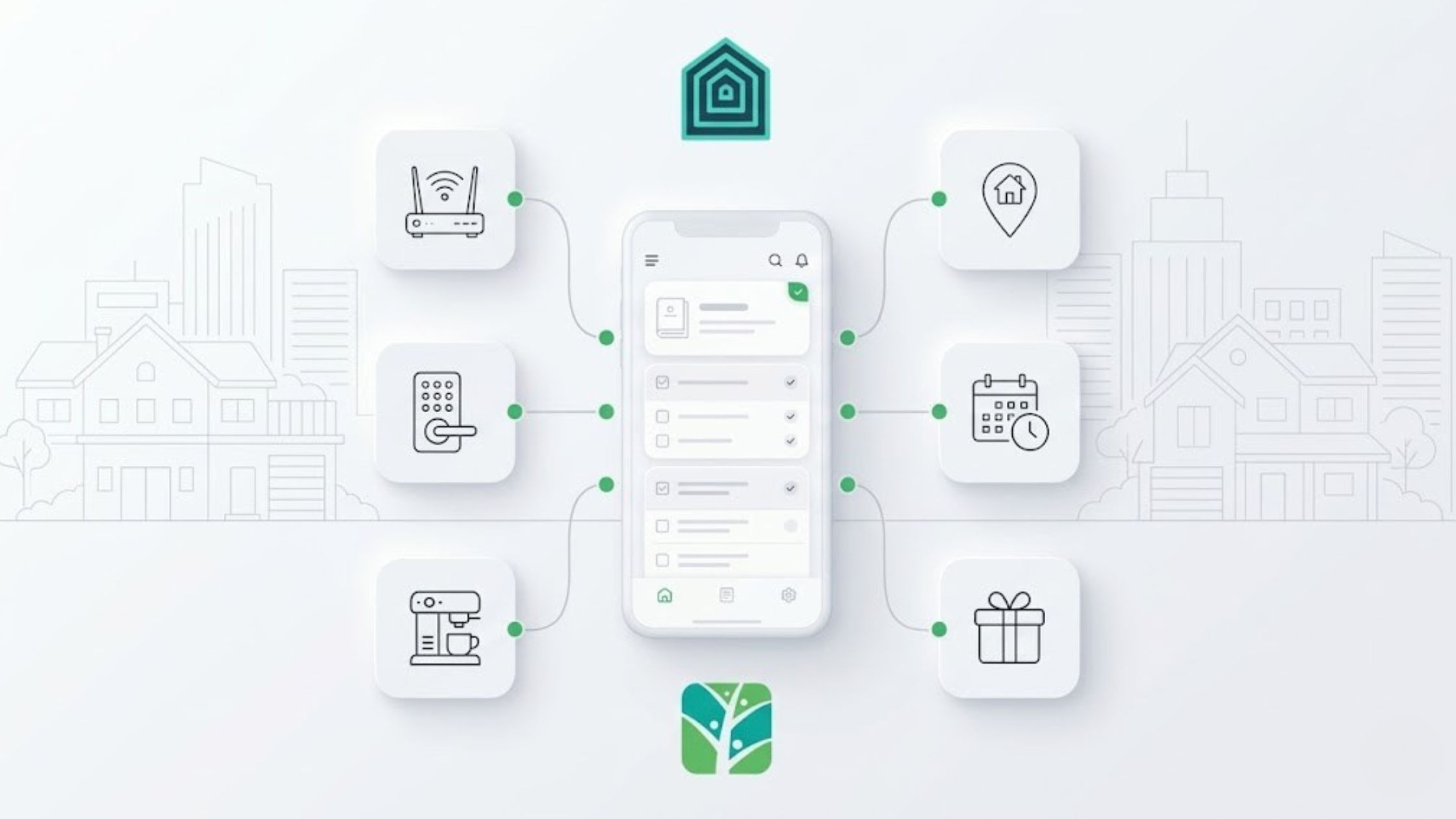 Digital guest guidebook on a smartphone showing check-in details, Wi-Fi, smart lock access, local recommendations, and guest add-ons for a vacation rental
