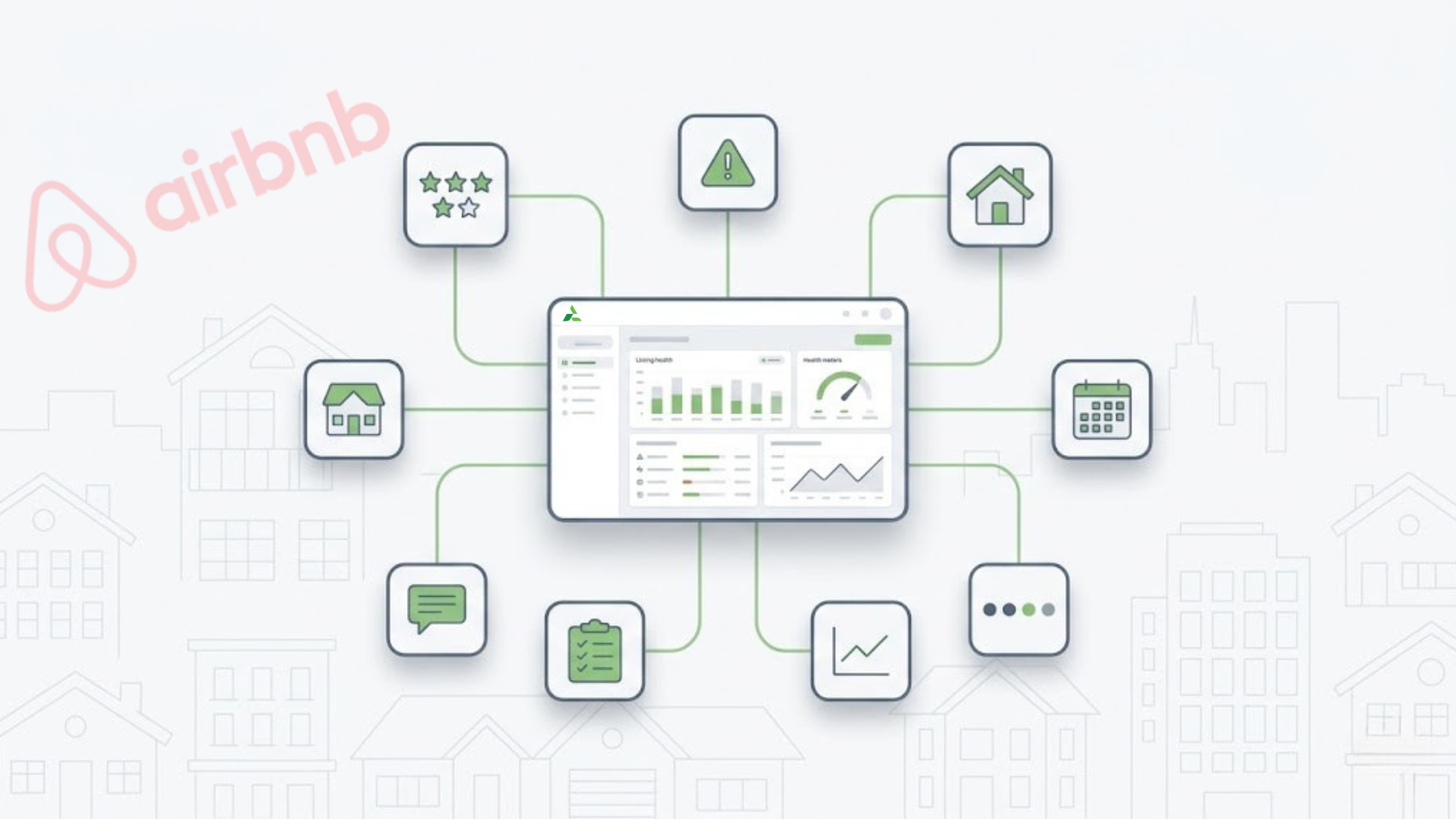 Airbnb Quality Dashboard hero graphic showing listing health signals, review icons, alerts, and task workflow connections in AdvanceCM.