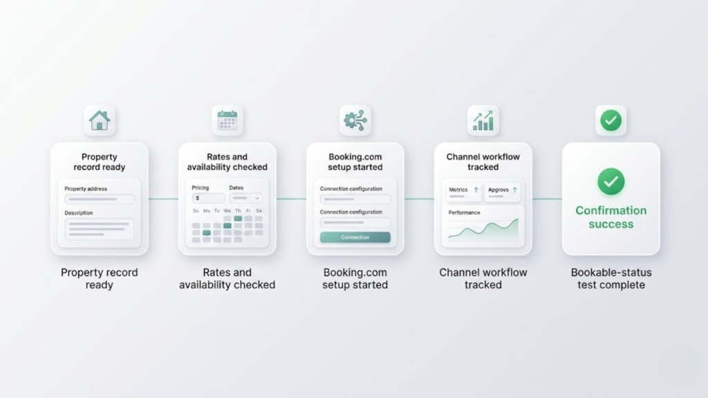 Step-by-step workflow to connect new properties to Booking.com from property record setup to bookable-status confirmation