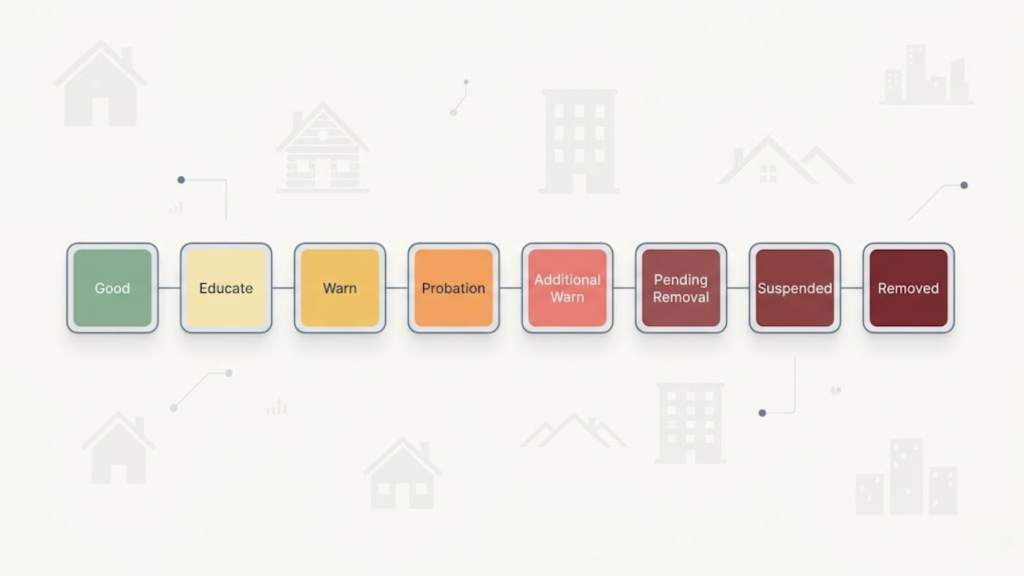 Airbnb Quality Dashboard status ladder showing listing health levels from Good to Educate, Warn, Probation, Pending Removal, Suspended, and Removed.