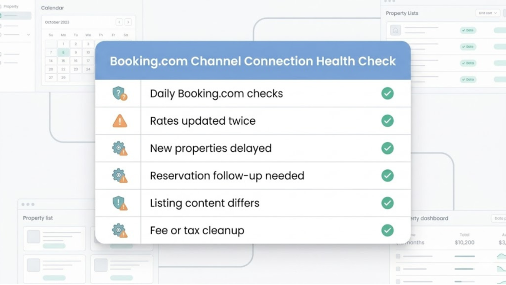 Booking.com seamless connectivity workflow showing Tokeet channel connection for rates, availability, reservations, and listing updates.