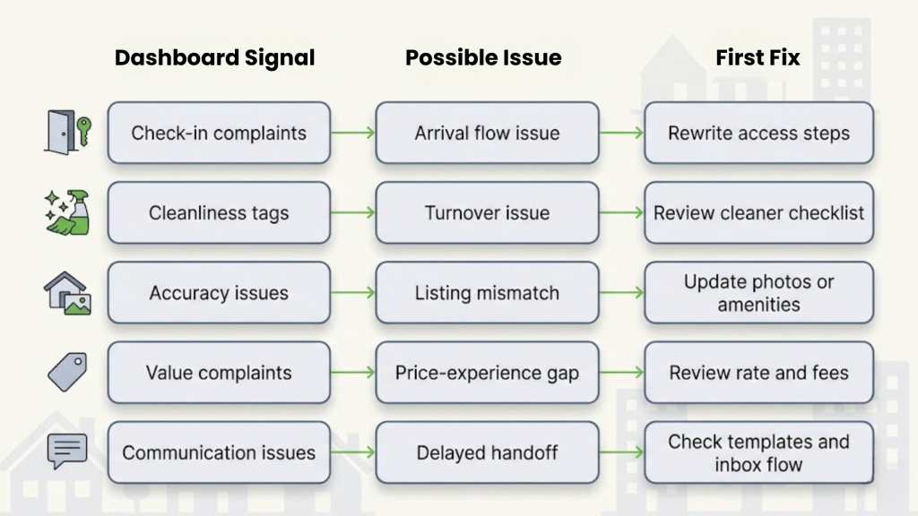 Airbnb Quality Dashboard risk pattern graphic showing dashboard signals, possible issues, and first fixes for listing health problems.