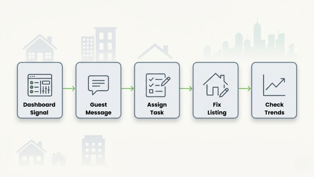 Airbnb Quality Dashboard workflow graphic showing dashboard signals, guest messages, task assignment, listing fixes, and review trend checks in AdvanceCM.