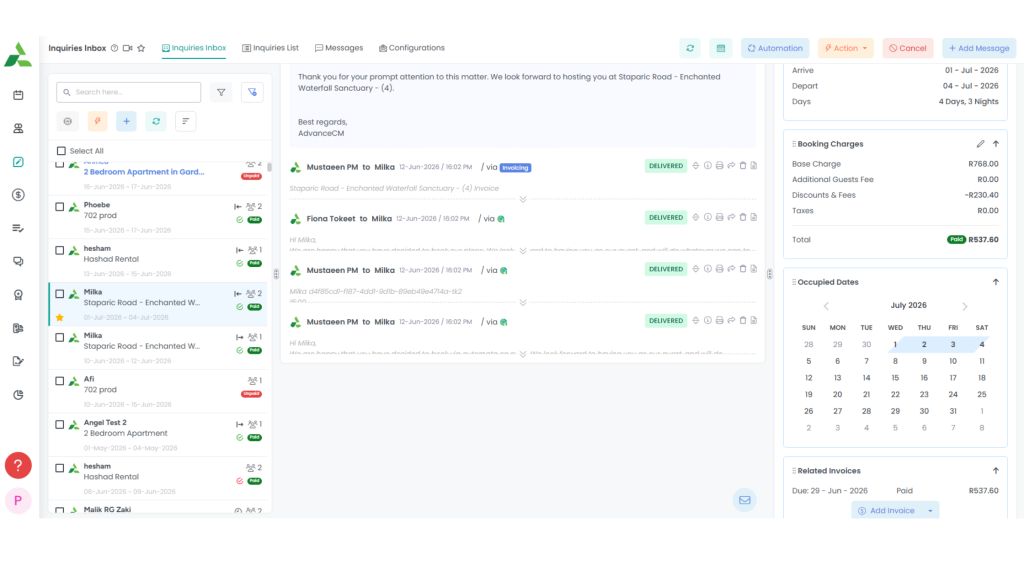 Unified inbox for property managers showing centralized guest communication in AdvanceCM