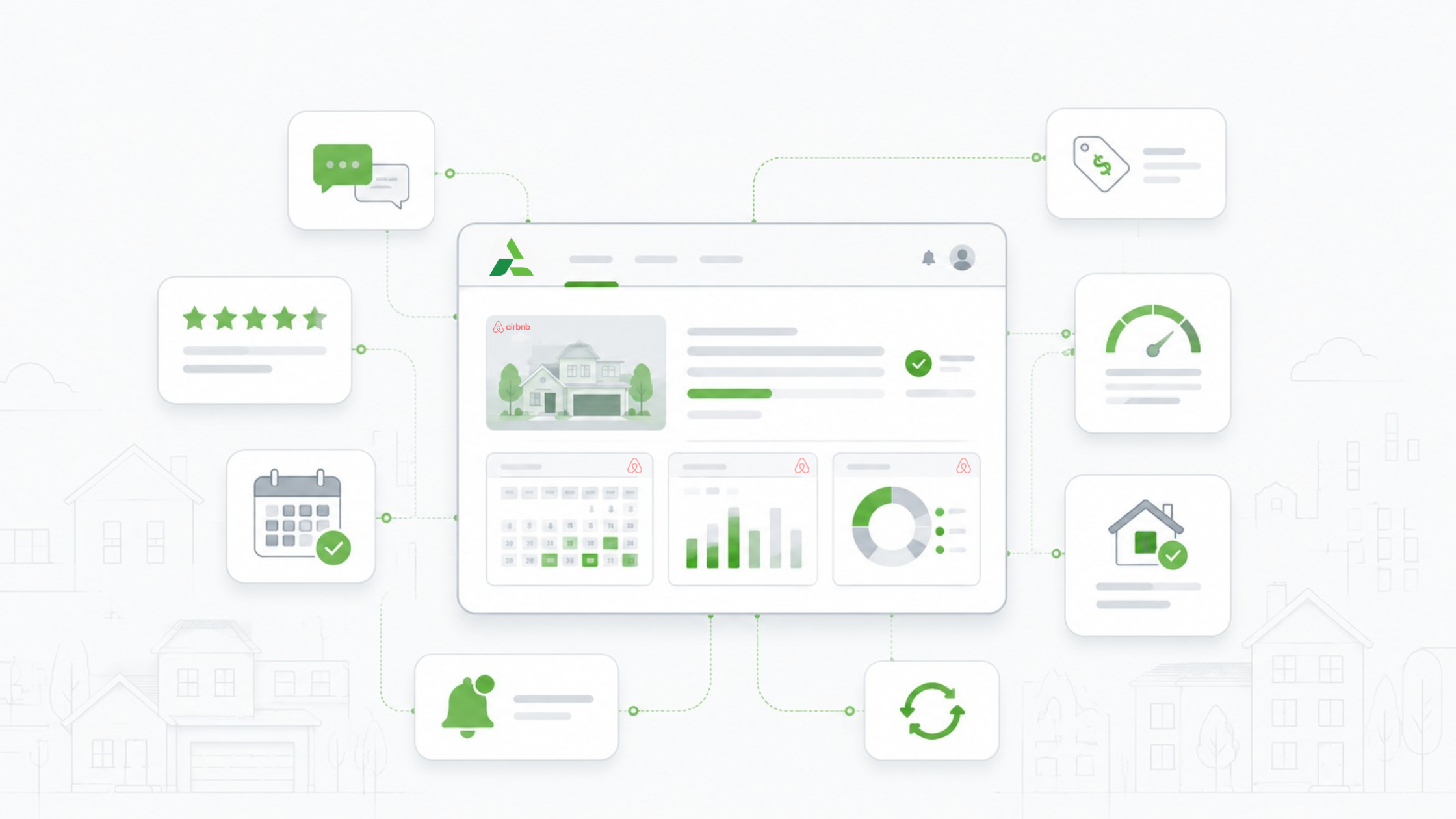 Airbnb search algorithm workflow dashboard showing messages, reviews, pricing, calendar, and listing signals