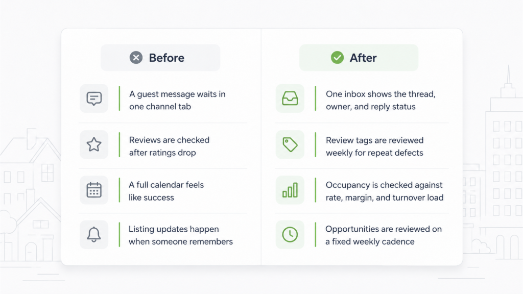 Airbnb search algorithm before and after workflow comparing scattered tasks with organized property management checks