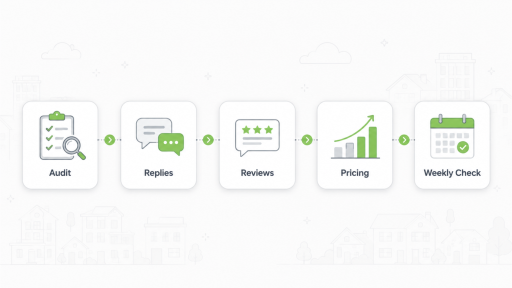 Airbnb search algorithm 30-day workflow for auditing listings, replies, reviews, pricing, and weekly checks