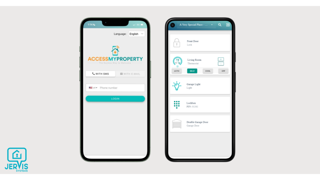 Property Management Automation guest access app showing Jervis Systems lock and property device controls