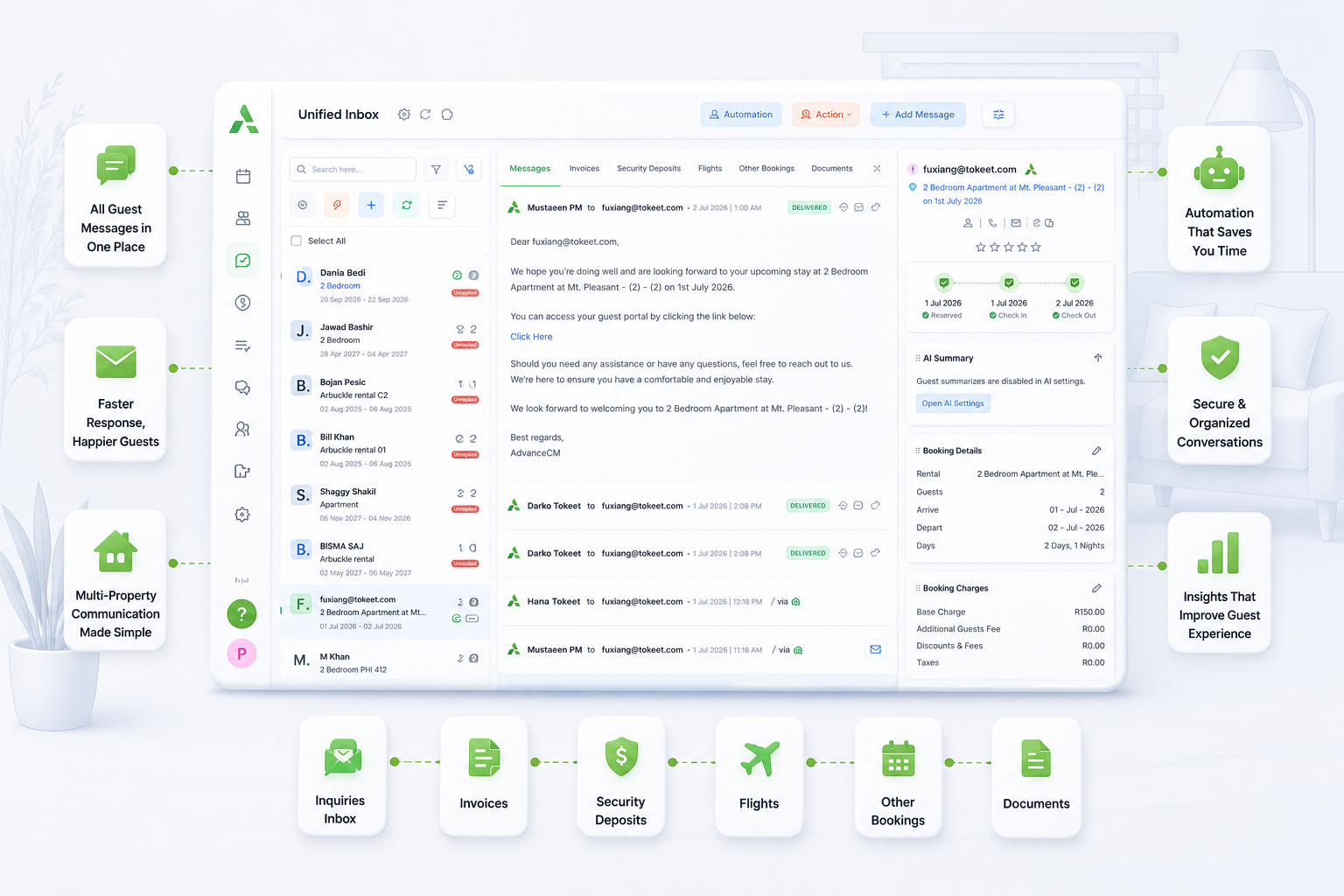 “AdvanceCM Unified Inbox showing centralized guest messages for managing evidence related to retaliatory Airbnb reviews.”