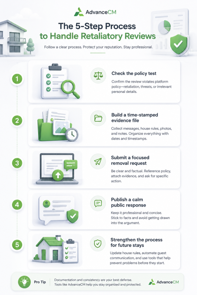 “Five-step process for handling retaliatory Airbnb reviews, from checking policy violations and collecting evidence to requesting removal and responding professionally.”