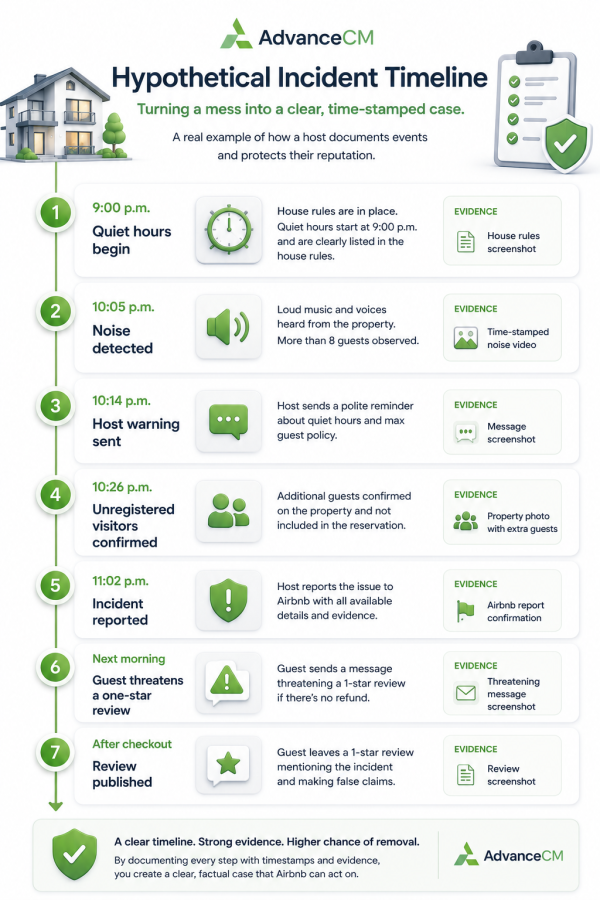 “Incident timeline for retaliatory Airbnb reviews showing the guest warning, policy report, review threat, and published review.”