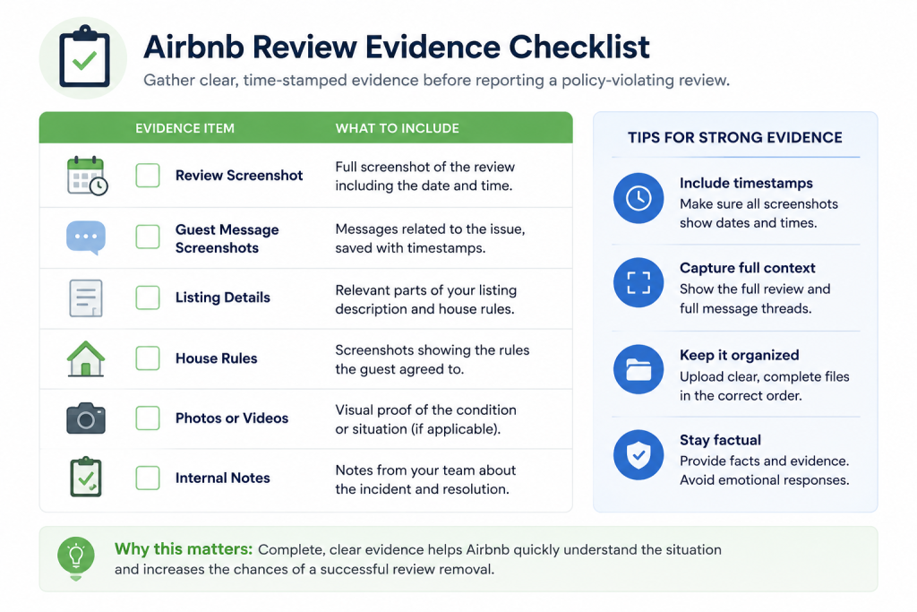 “Airbnb extortion policy evidence checklist showing messages, timestamps, listing details, house rules, photos, and supporting documentation.”