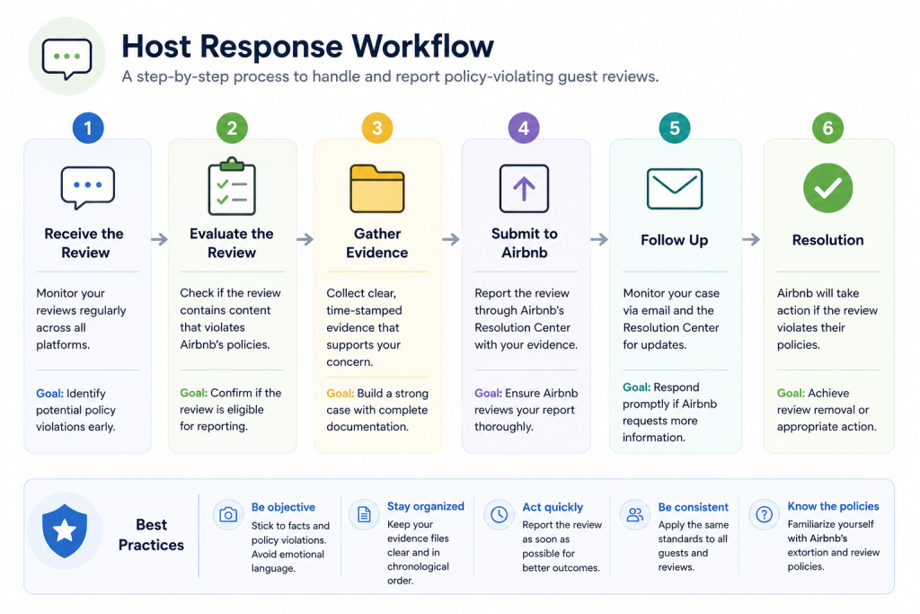 “Airbnb extortion policy host response workflow showing how to review a complaint, gather evidence, report the issue, and follow up.”