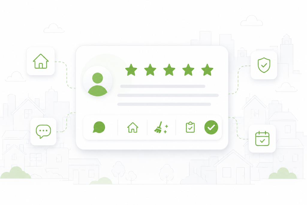 Airbnb reviews for guests illustrated with a five-star review card, communication, cleanliness, house rules, and checkout icons.
