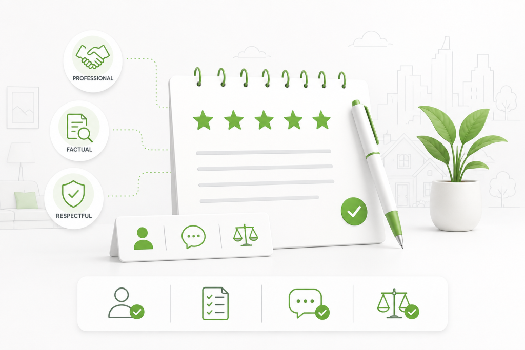 Airbnb reviews for guests shown as professional, factual, and respectful feedback with a five-star review checklist.